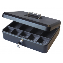 12" Large Petty Cash Box Tin with Key Lock - Black