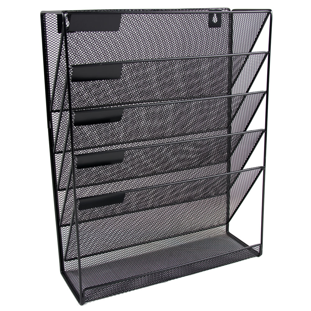 Black Wall Mounted Magazine Rack Holder with Suspended Baskets and Label  Slots